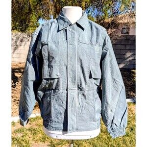 Women's Petite Med Gray Windbreaker Zip-Up Retro Bomber Jacket Light Coat EUC